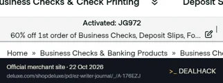 Screenshot of Deluxe For Business's website on Oct 22, 2026 showing the "Save 60% on Business Checks and Supplies" offer