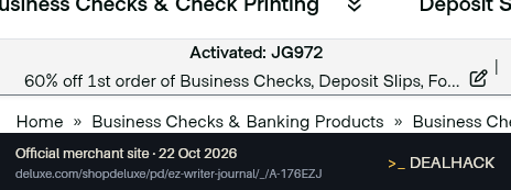 Screenshot of Deluxe For Business's website on Oct 22, 2026 showing the "Save 60% on Business Checks and Supplies" offer