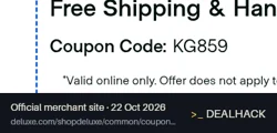 Screenshot of Deluxe For Business's website on Oct 22, 2026 showing the "Get Free Shipping on Check Orders" offer