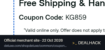 Screenshot of Deluxe For Business's website on Oct 22, 2026 showing the "Get Free Shipping on Check Orders" offer