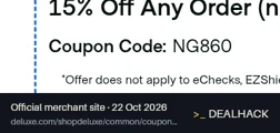 Screenshot of Deluxe For Business's website on Oct 22, 2026 showing the "Get 15% Off Any Order at Deluxe" offer