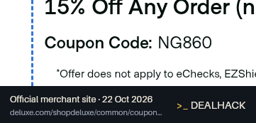 Screenshot of Deluxe For Business's website on Oct 22, 2026 showing the "Get 15% Off Any Order at Deluxe" offer