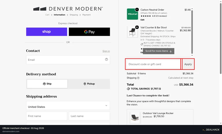 Denver Modern checkout page showing the Discount code or gift card field and Apply button