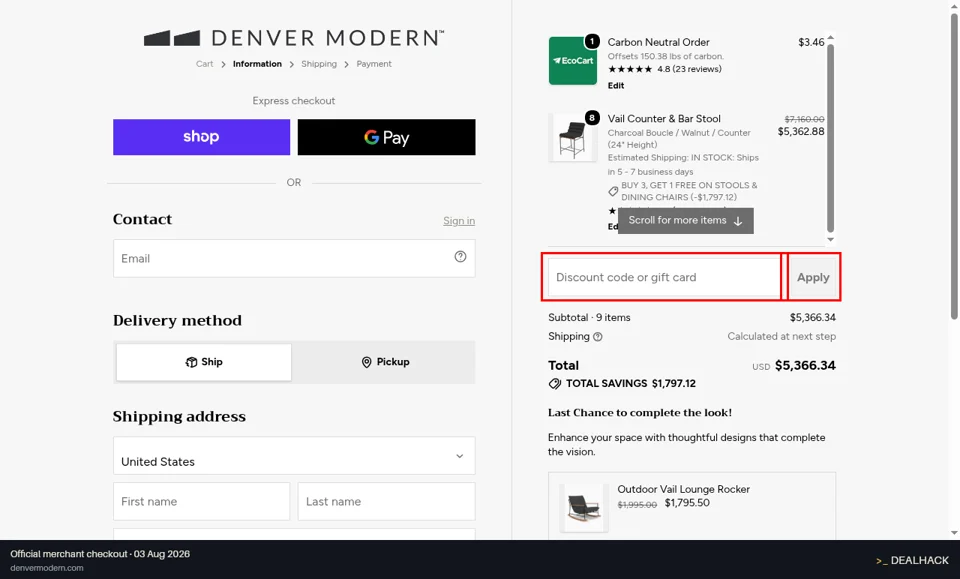 Denver Modern checkout page showing the Discount code or gift card field and Apply button