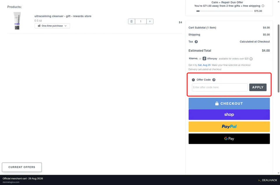 Dermalogica checkout page showing the Enter offer code here field and Apply button