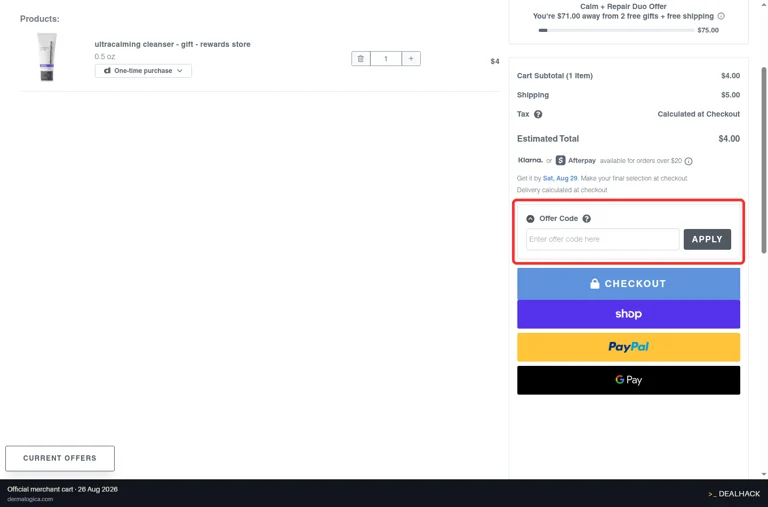 Dermalogica checkout page showing the Enter offer code here field and Apply button