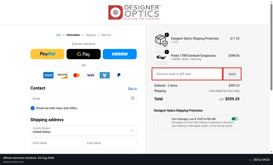 Designer Optics checkout page showing the Discount code or gift card field and Apply button
