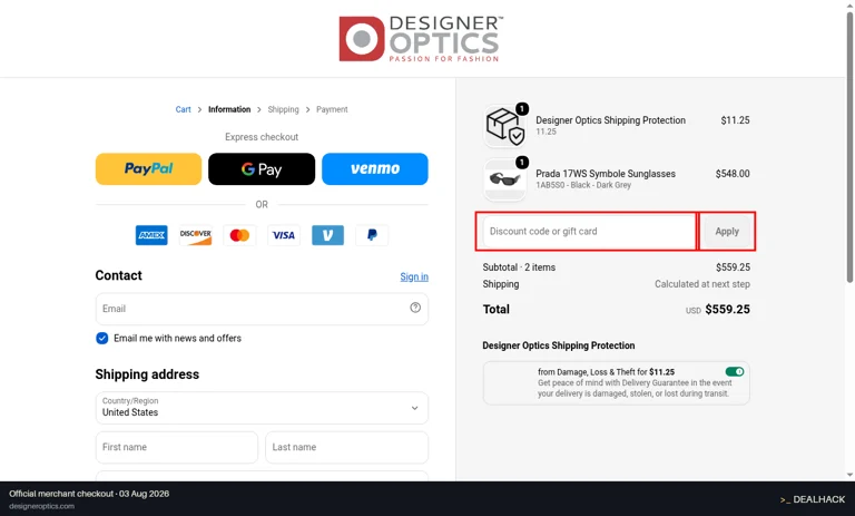 Designer Optics checkout page showing the Discount code or gift card field and Apply button