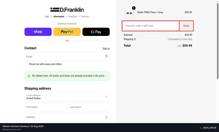 D.Franklin checkout page showing the Discount code or gift card field and Apply button