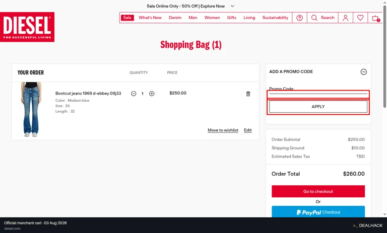 Diesel checkout page showing the Promo Code field and APPLY button