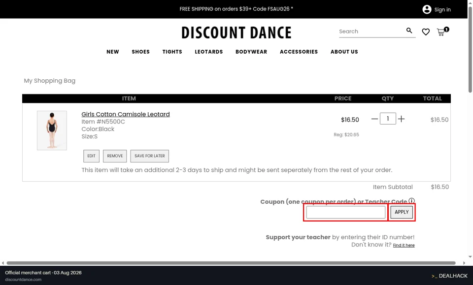Discount Dance checkout page showing the Coupon (one coupon per order) or Teacher Code field and APPLY button