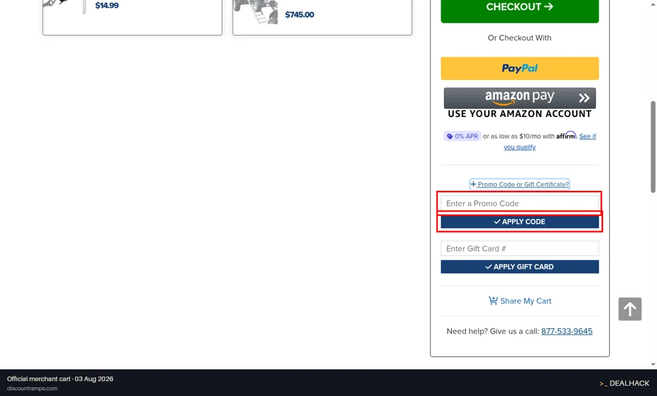 Discount Ramps checkout page showing the Enter a Promo Code field and Apply Code button