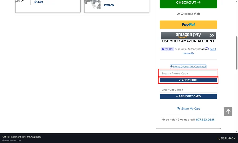 Discount Ramps checkout page showing the Enter a Promo Code field and Apply Code button