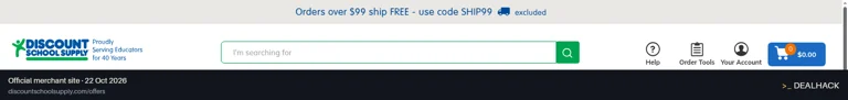 Screenshot of Discount School Supply's website on Oct 22, 2026 showing the "Get Free Shipping on In-Stock Orders Over $99" offer