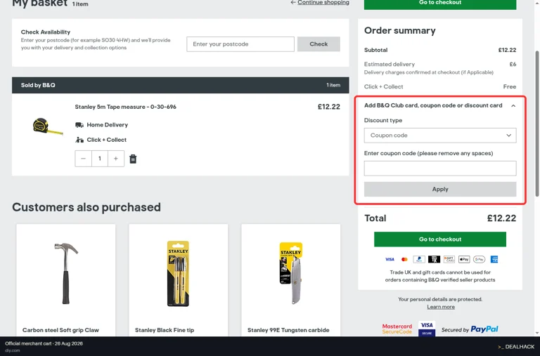 B&Q checkout page showing the Enter coupon code (please remove any spaces) field and Apply button