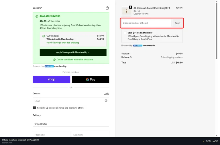 Dockers checkout page showing the Discount code or gift card field and Apply button