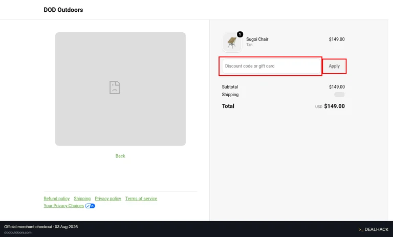DOD Outdoors checkout page showing the Discount code or gift card field and Apply button
