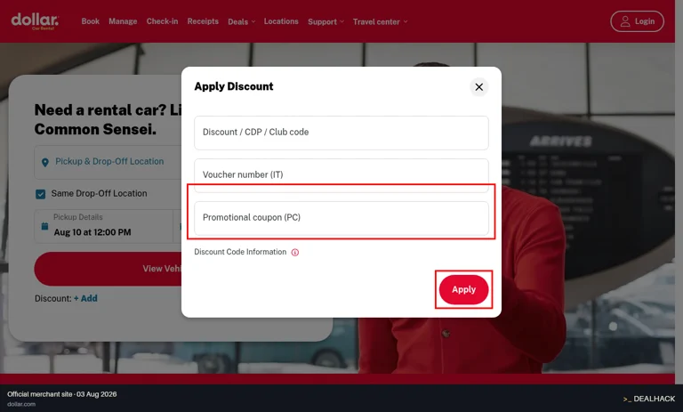 Dollar Rent A Car checkout page showing the Promotional coupon (PC) field and Apply button