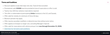 Screenshot of Dollar Rent A Car's website on Oct 22, 2026 showing the "Get One Free Rental Day on Qualifying Birthday Bookings" offer