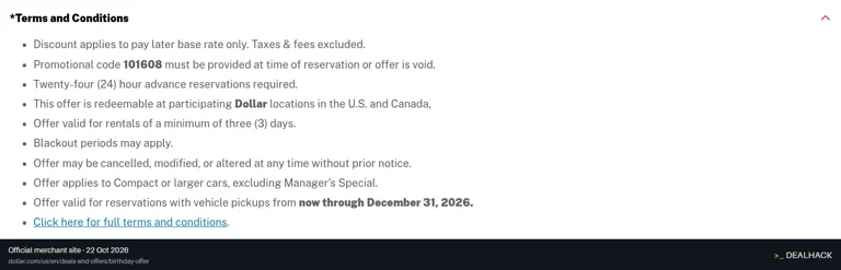 Screenshot of Dollar Rent A Car's website on Oct 22, 2026 showing the "Get One Free Rental Day on Qualifying Birthday Bookings" offer