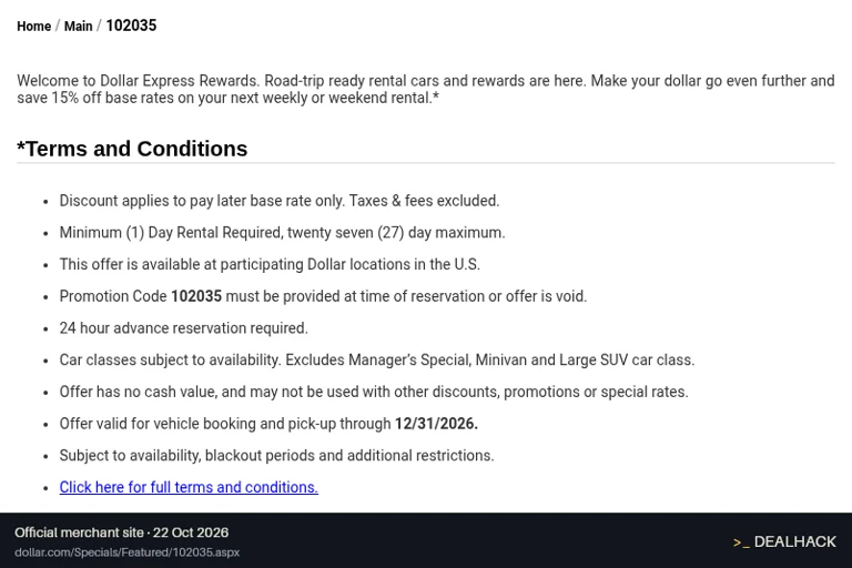 Screenshot of Dollar Rent A Car's website on Oct 22, 2026 showing the "Get 15% Off Weekly or Weekend Rentals for Dollar Express Rewards Members" offer