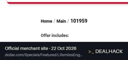Screenshot of Dollar Rent A Car's website on Oct 22, 2026 showing the "Get 10% Off Rentals Plus Double LifeMiles" offer