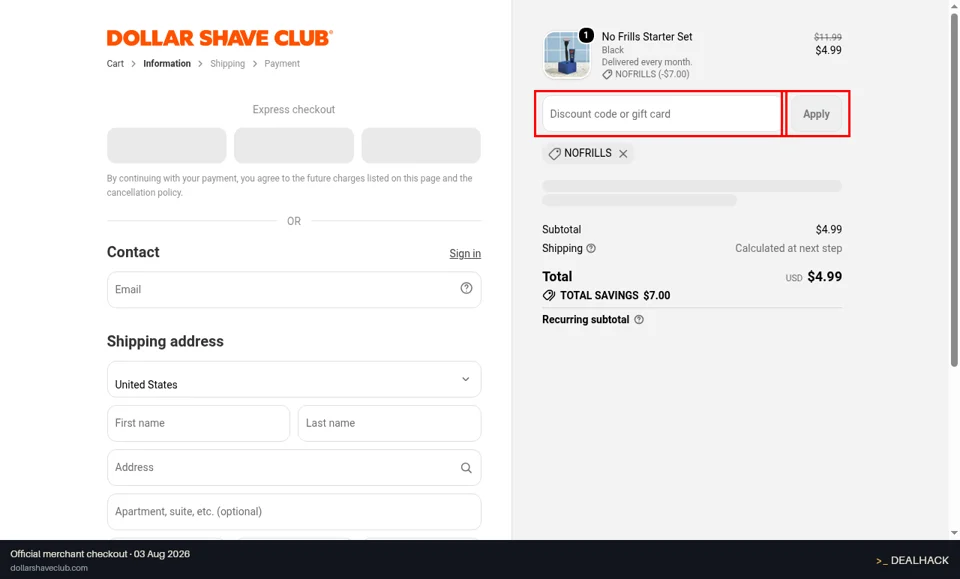 Dollar Shave Club checkout page showing the Discount code or gift card field and Apply button