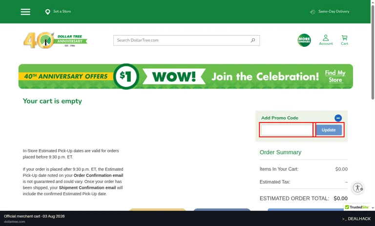 Dollar Tree checkout page showing the Enter Promo Code field and Update button