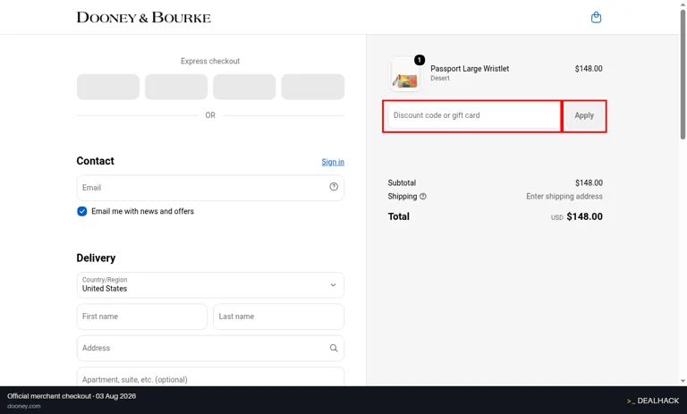 Dooney & Bourke checkout page showing the Discount code or gift card field and Apply button