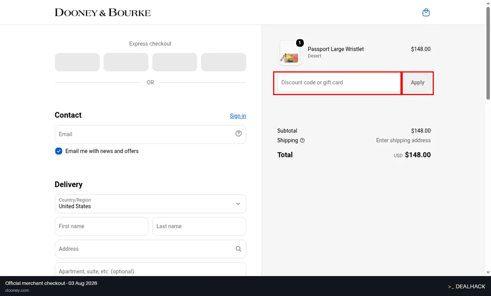 Dooney & Bourke checkout page showing the Discount code or gift card field and Apply button