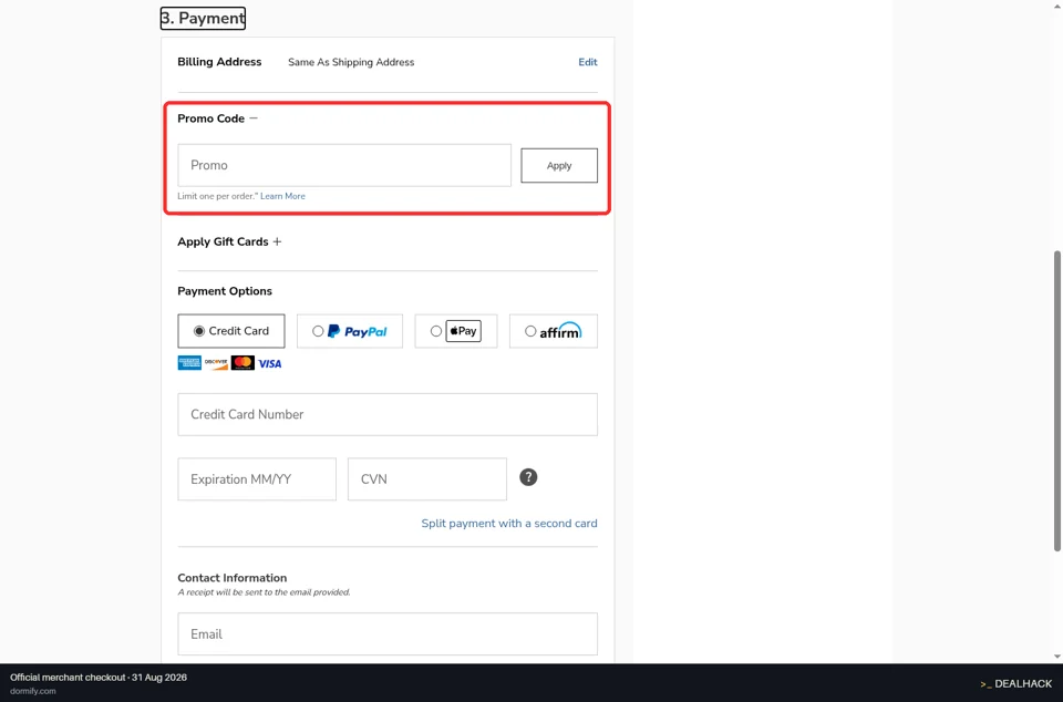 Dormify checkout page showing the Promo field and Apply button