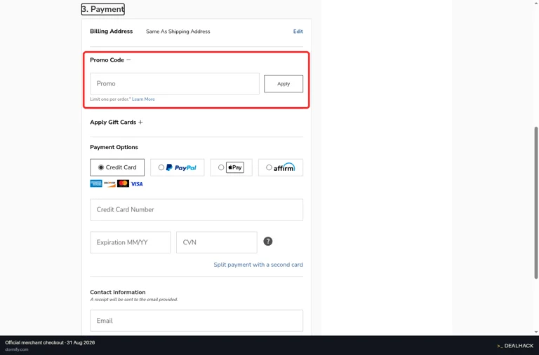 Dormify checkout page showing the Promo field and Apply button