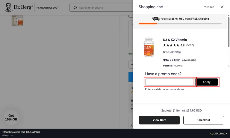 Dr. Berg checkout page showing the Enter a valid coupon code. field and Apply button