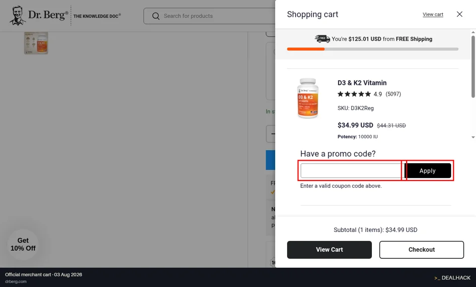 Dr. Berg checkout page showing the Enter a valid coupon code. field and Apply button