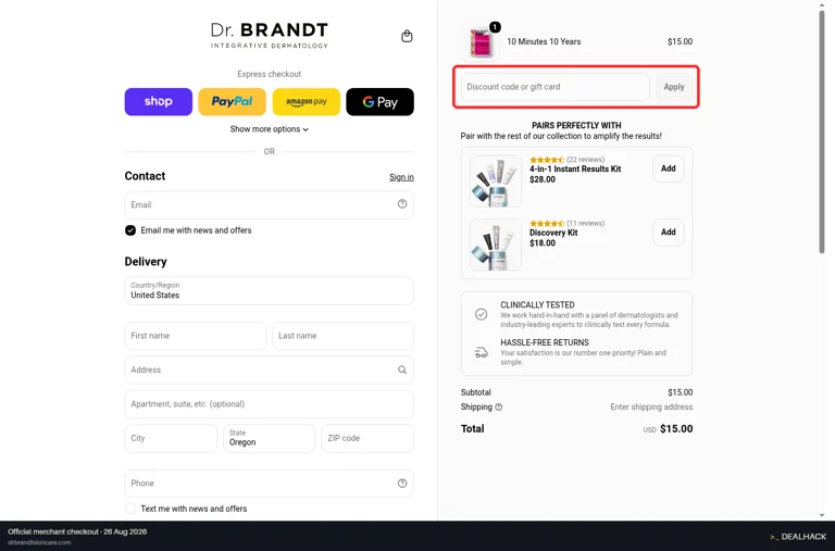 Dr. Brandt checkout page showing the Discount code or gift card field and Apply button