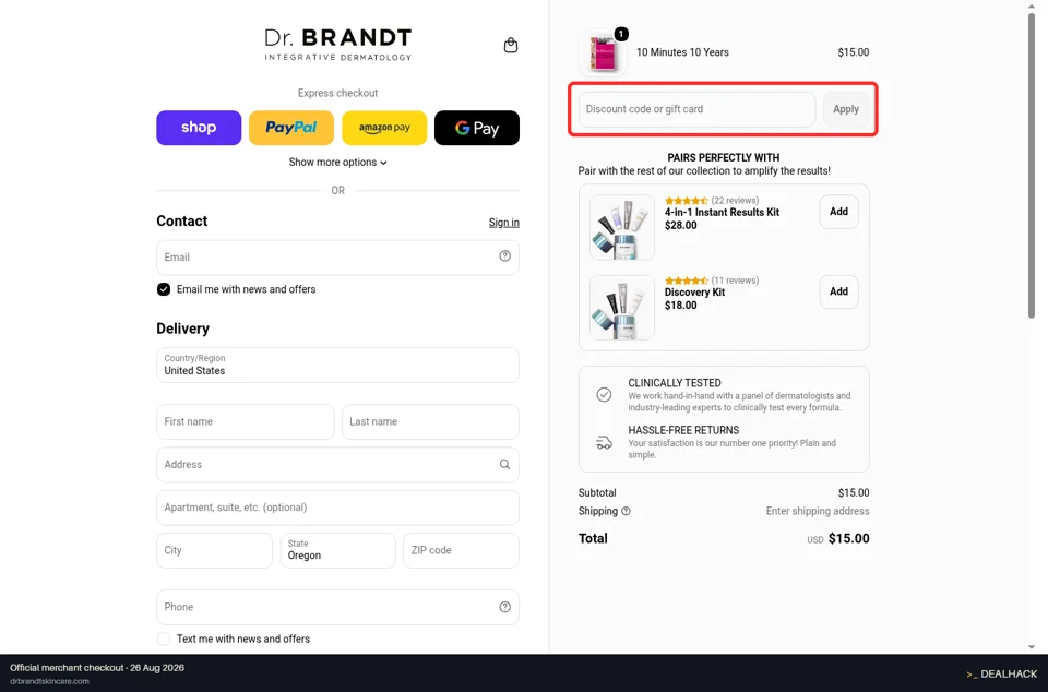 Dr. Brandt checkout page showing the Discount code or gift card field and Apply button