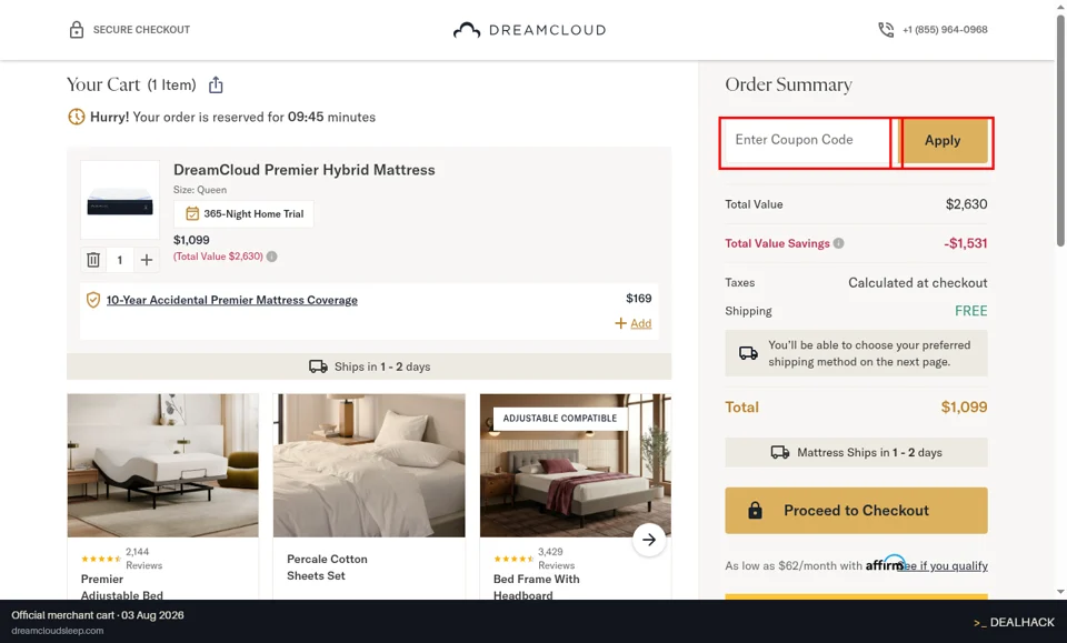 DreamCloud checkout page showing the Enter Coupon Code field and Apply button