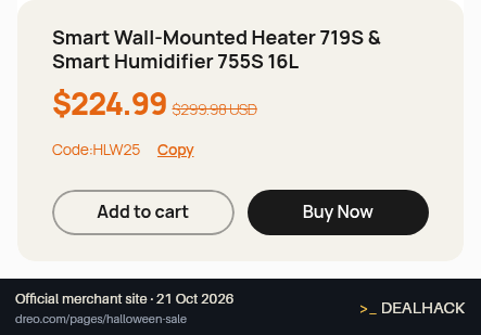 Screenshot of Dreo's website on Oct 21, 2026 showing the "Save 25% on the Heater and Humidifier Bundle" offer