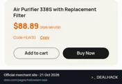 Screenshot of Dreo's website on Oct 21, 2026 showing the "Save 30% on the Air Purifier 338S Bundle" offer