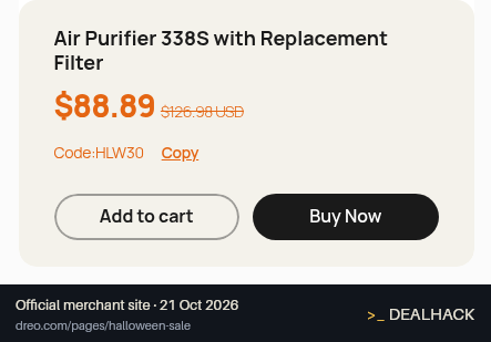 Screenshot of Dreo's website on Oct 21, 2026 showing the "Save 30% on the Air Purifier 338S Bundle" offer