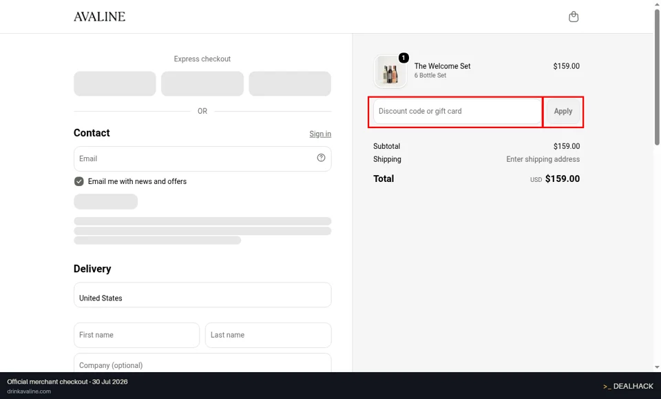 Avaline checkout page showing the Discount code or gift card field and Apply button