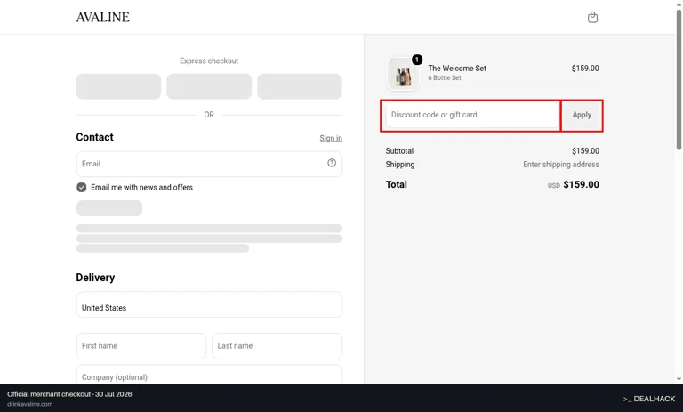 Avaline checkout page showing the Discount code or gift card field and Apply button