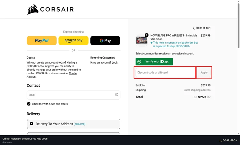 Drop checkout page showing the Discount code or gift card field and Apply button