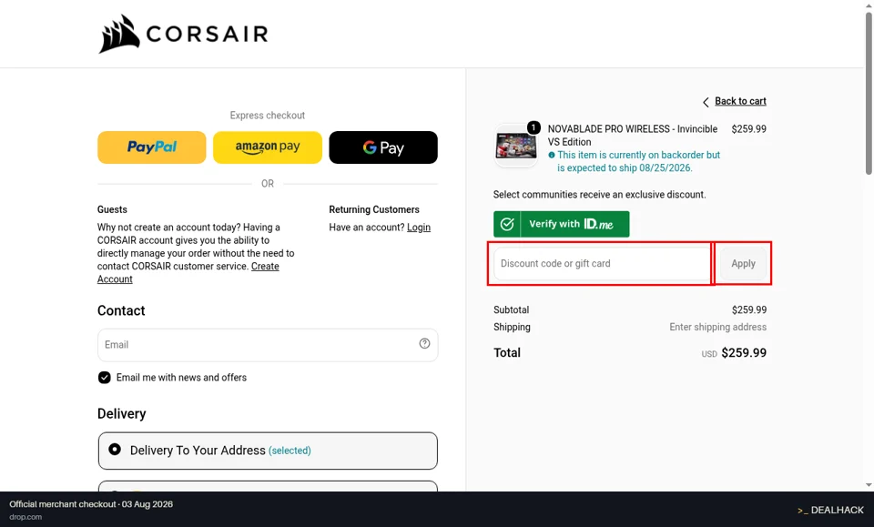 Drop checkout page showing the Discount code or gift card field and Apply button