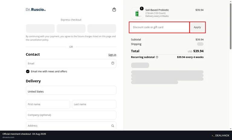 Dr. Michael Ruscio, DC checkout page showing the Discount code or gift card field and Apply button