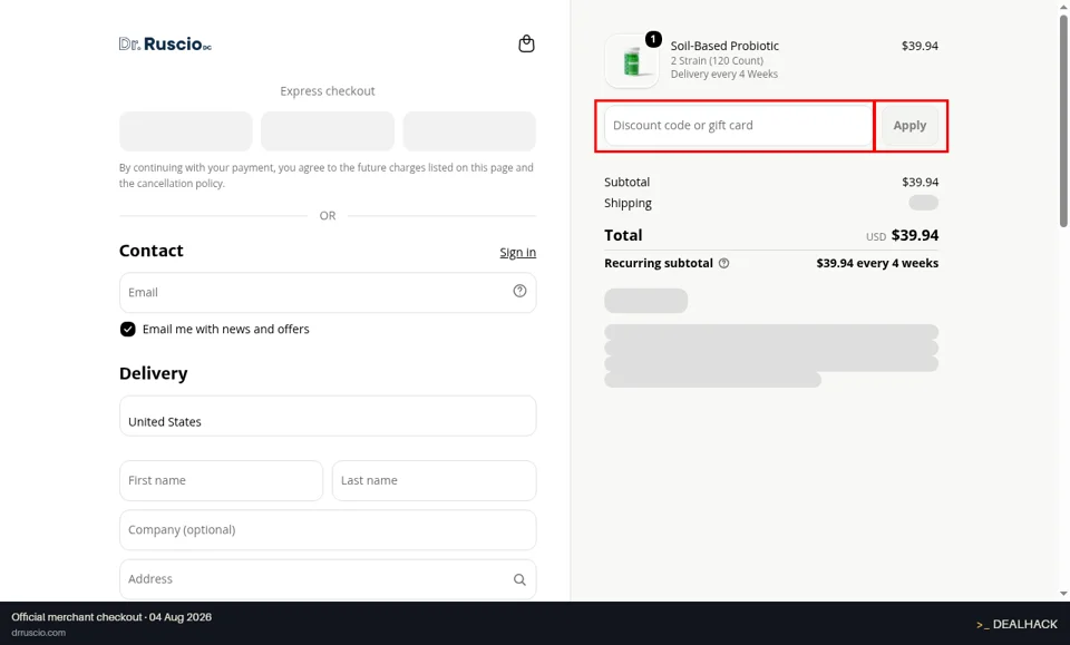 Dr. Michael Ruscio, DC checkout page showing the Discount code or gift card field and Apply button