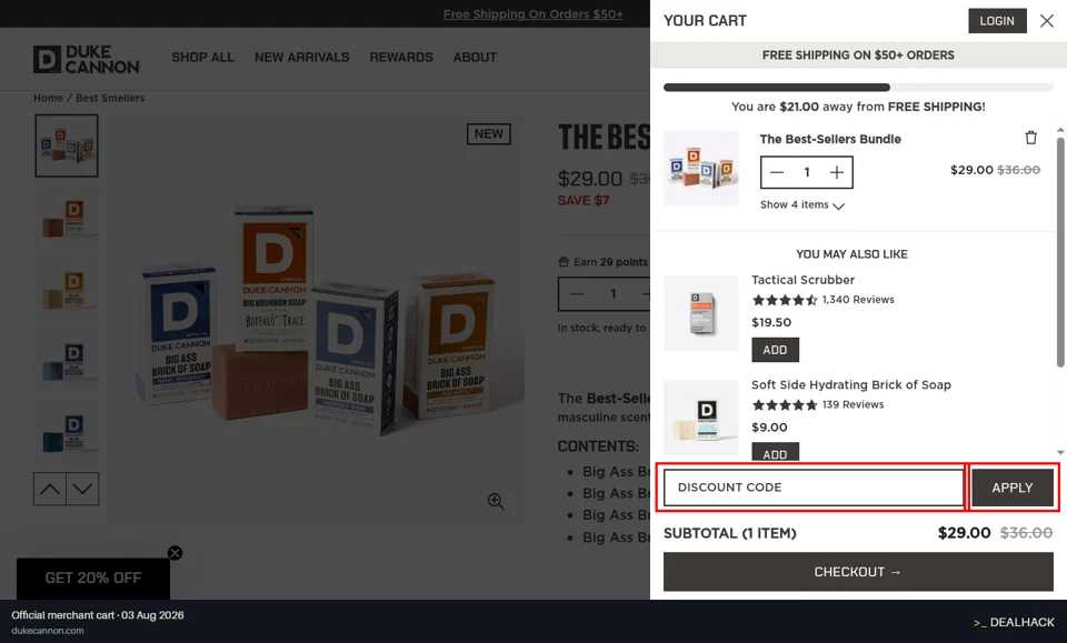 Duke Cannon Supply Co. checkout page showing the Discount Code field and Apply button