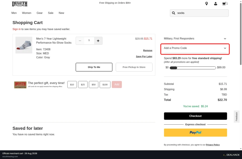 Duluth Trading Co. checkout page showing the Enter a Promo Code field and Apply button