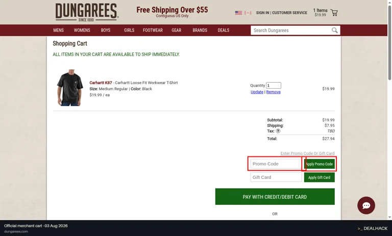 Dungarees checkout page showing the Promo Code field and Apply Promo Code button