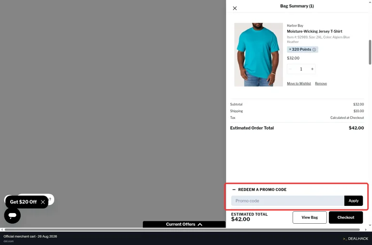 Destination XL checkout page showing the Promo code field and Apply button
